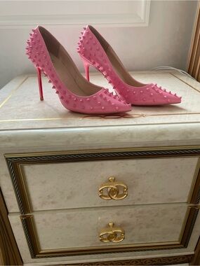 Authentic Christian Louboutin Pink Spike-Embellished Pointed-Toe Stilettos